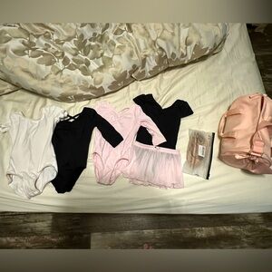 Toddler dance starter bag, leotards, skirt, and shoes